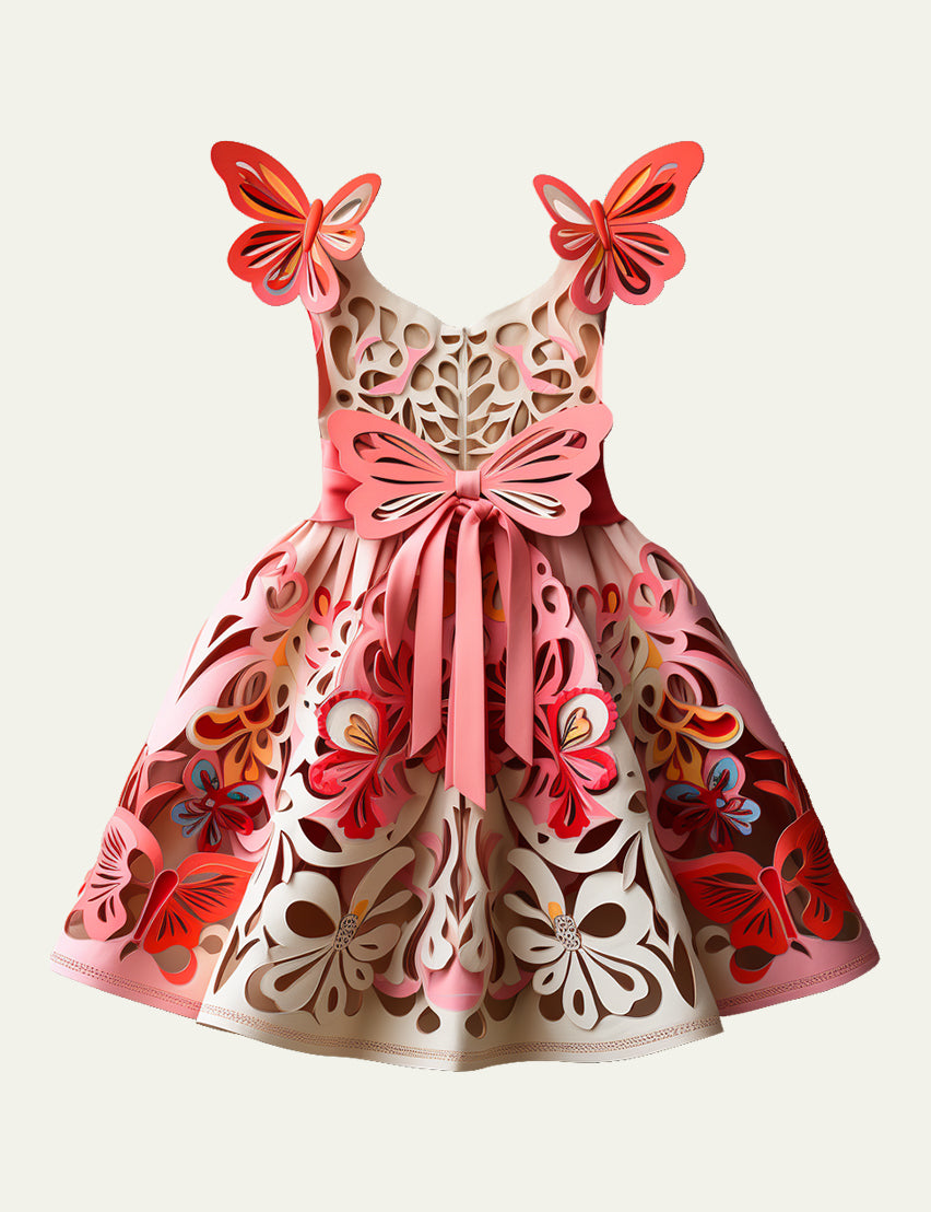 Lucky Sale- Toddler Girls Hollow Pattern Butterfly Bowknot Sleeveless Slip  3D Dress