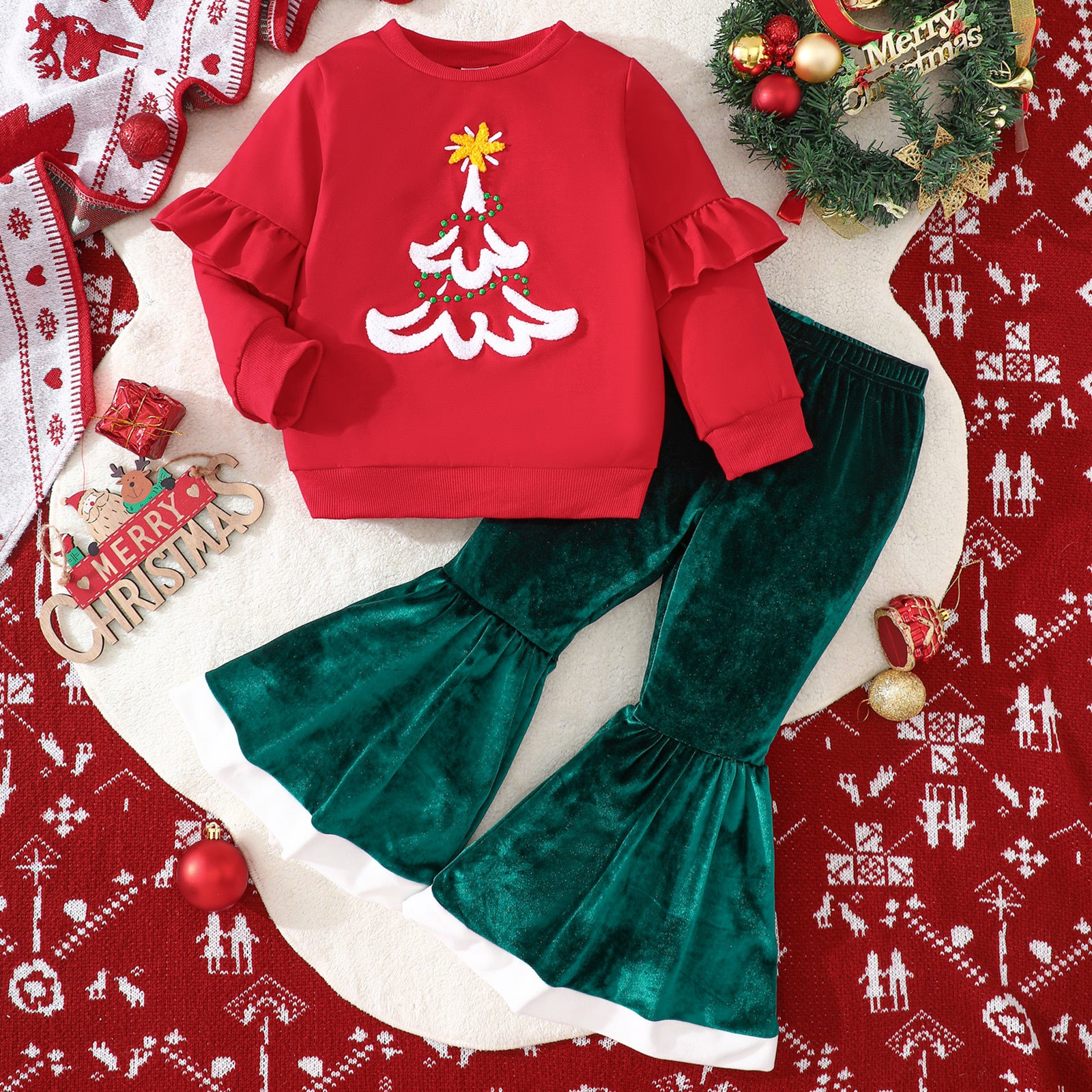 Christmas Long Sleeve Christmas Tree Embroidered Sweater Velvet Flared Pants Suit