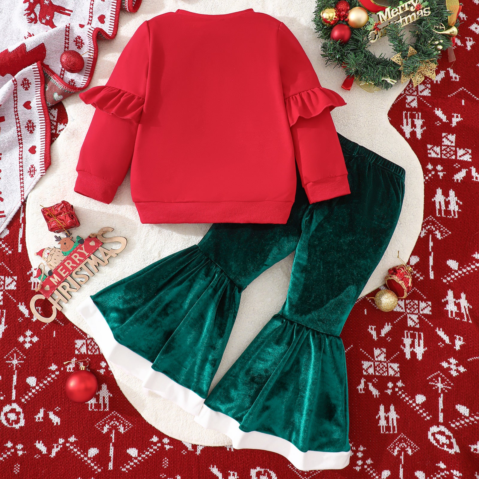 Christmas Long Sleeve Christmas Tree Embroidered Sweater Velvet Flared Pants Suit
