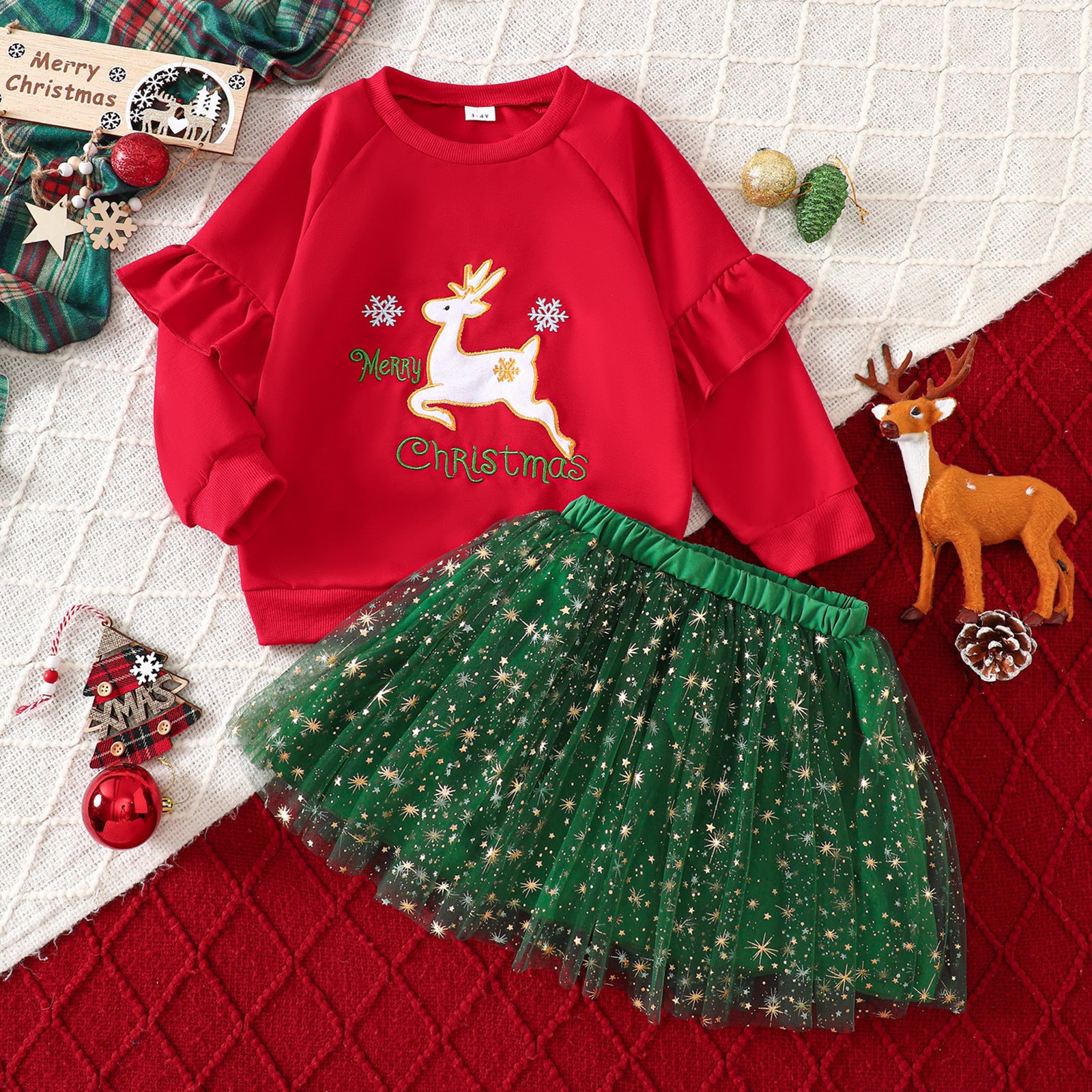 Christmas Cute Elk Embroidered Sweater Mesh Skirt Outfit