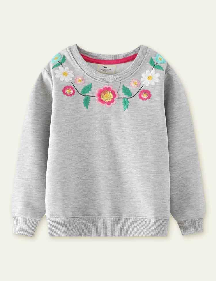 Toddler Flower Embroidered Crew Neck Pull Over Sweatshirt - CCMOM