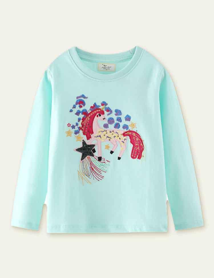 Toddler Girl Unicorn Embroidered Long-Sleeve Casual Shirt - CCMOM