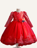 Girls' Long-Sleeved Trailing Princess Dress Flower Dress