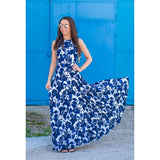 Sleeveless Blue and White Porcelain Printed Long High Waist Mother-Child Dress