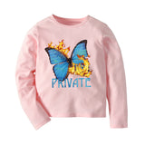 Spring and Autumn New Girls Pure Cotton Long Sleeve T-Shirt Fire Butterfly Pink Top