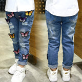 Children's Clothing Girls' Spring and Autumn Jeans Butterfly Ripped Baby Denim Trousers