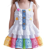 Girls White Spliced Denim Buttoned Suspender Dress