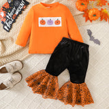 Halloween Ghost Pumpkin Embroidery Bell-Bottom Pants Suit