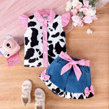 Cow Print Stitching Plaid Top + Denim Shorts Suit