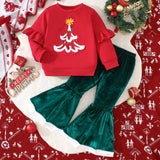 Christmas Long Sleeve Christmas Tree Embroidered Sweater Velvet Flared Pants Suit