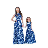 Sleeveless Blue and White Porcelain Printed Long High Waist Mother-Child Dress