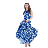 Sleeveless Blue and White Porcelain Printed Long High Waist Mother-Child Dress