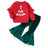 Christmas Long Sleeve Christmas Tree Embroidered Sweater Velvet Flared Pants Suit