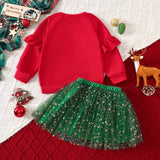 Christmas Cute Elk Embroidered Sweater Mesh Skirt Outfit