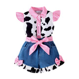 Cow Print Stitching Plaid Top + Denim Shorts Suit