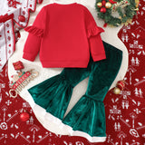 Christmas Long Sleeve Christmas Tree Embroidered Sweater Velvet Flared Pants Suit