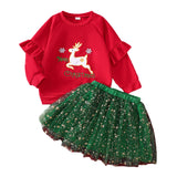 Christmas Cute Elk Embroidered Sweater Mesh Skirt Outfit