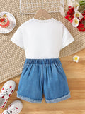 round Neck Printed Short T + Strawberry Printed Denim Shorts + Bag