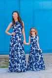 Sleeveless Blue and White Porcelain Printed Long High Waist Mother-Child Dress