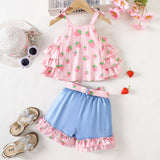 Strawberry Printed Camisole Top + Lace-like Denim Shorts Suit