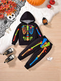 Halloween Bones Luminous Long Sleeve Hooded Top and Trousers Two-Piece Set