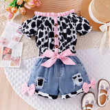 Cow Color Matching Top + Bow Ripped Jeans