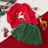 Christmas Cute Elk Embroidered Sweater Mesh Skirt Outfit