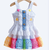 Girls White Spliced Denim Buttoned Suspender Dress