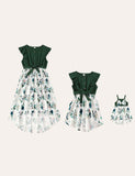 Family Matching Button Design Flutter Sleeves Bow Belted Splicing Floral Print Dress - CCMOM