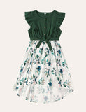Family Matching Button Design Flutter Sleeves Bow Belted Splicing Floral Print Dress - CCMOM