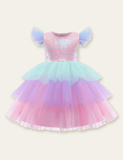 Rainbow Mesh Flounced Sleeve Party Dress - CCMOM