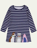 Toddler Girl Animals Embroidered Long Sleeve Stripe Dress - CCMOM