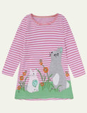 Toddler Girl Animals Embroidered Long Sleeve Stripe Dress - CCMOM