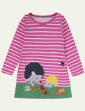 Toddler Girl Animals Embroidered Long Sleeve Stripe Dress - CCMOM