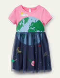 Toddler Girl Earth Appliqu¨¦ Layered Mesh Splice Dress