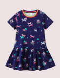 Toddler Girl Rainbow Unicorn Applique Short Sleeves Splice Dress