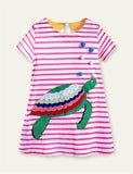 Toddler Girl Turtle Appliqu¨¦ Short-Sleeved Striped Dress