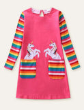 Unicorn Appliqu¨¦ Rainbow Pocket Long Sleeve Dress - CCMOM